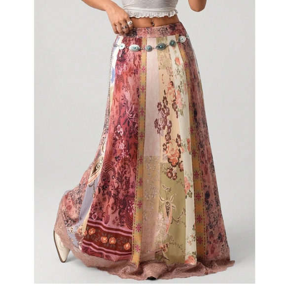 Boho Floral Print Patchwork Lace Hem High Waisted Maxi Skirt - Picture 6 of 7